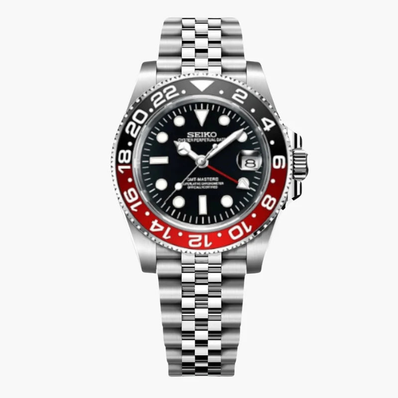 Seiko watch with a black face, red bezel, and silver metal strap on a white background