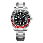 Watch with a silver case, black face, and red bezel on a white background
