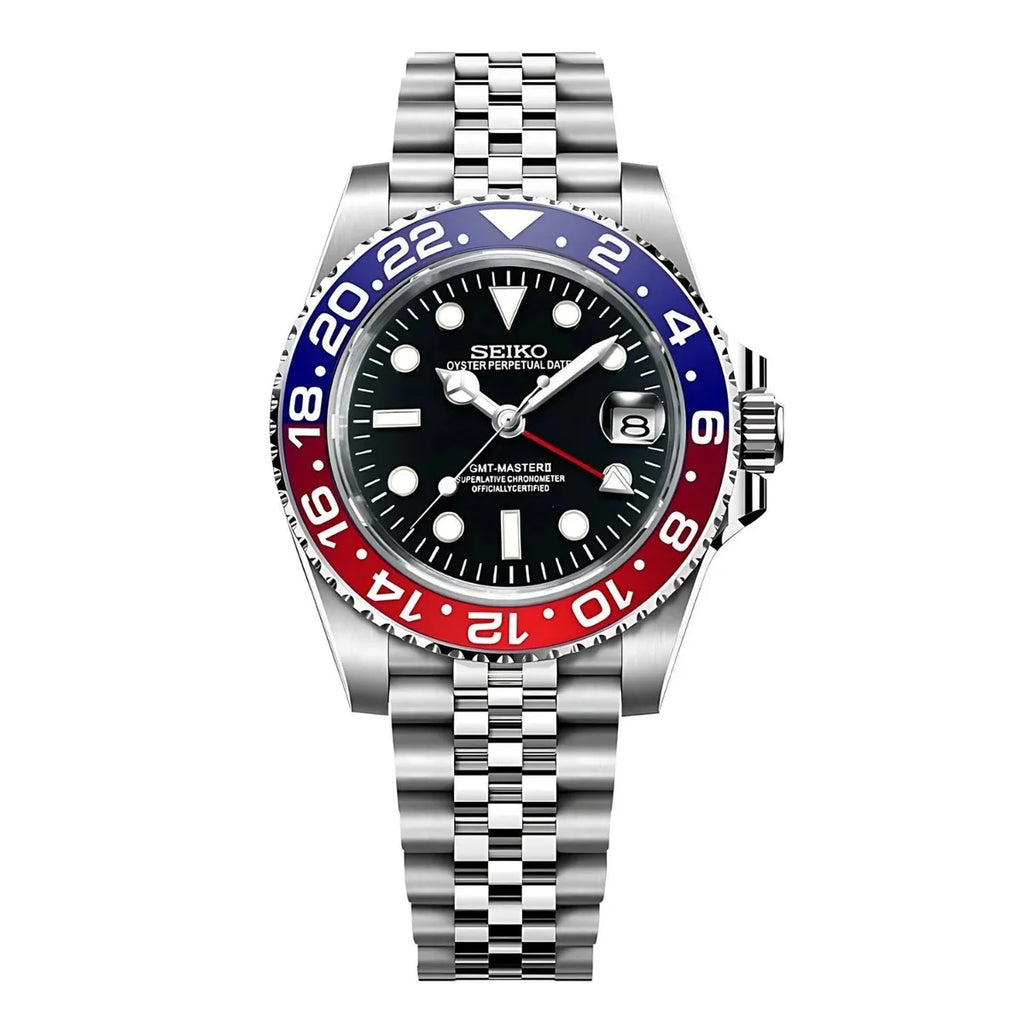 Seiko watch with a silver bracelet and red and blue bezel on a white background