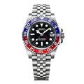 Seiko watch with a silver bracelet and red and blue bezel on a white background