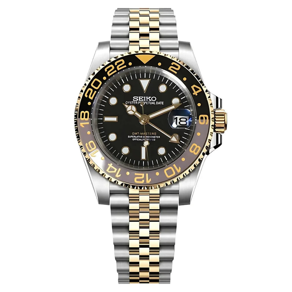 Seiko watch with black dial and two-tone metal bracelet on a white background