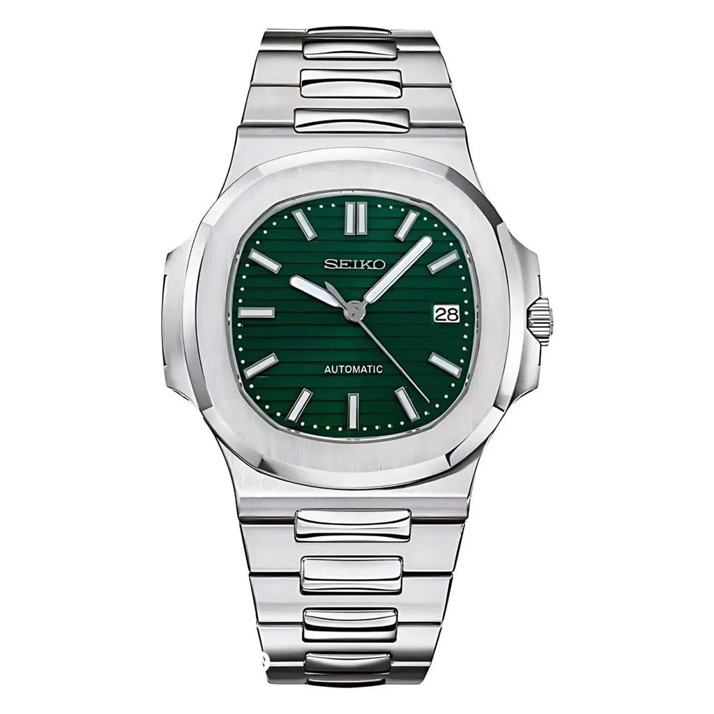 Seiko watch with green dial and silver metal bracelet on a white background