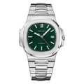 Seiko watch with green dial and silver metal bracelet on a white background