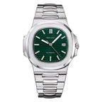 Seiko watch with green dial and silver metal bracelet on a white background