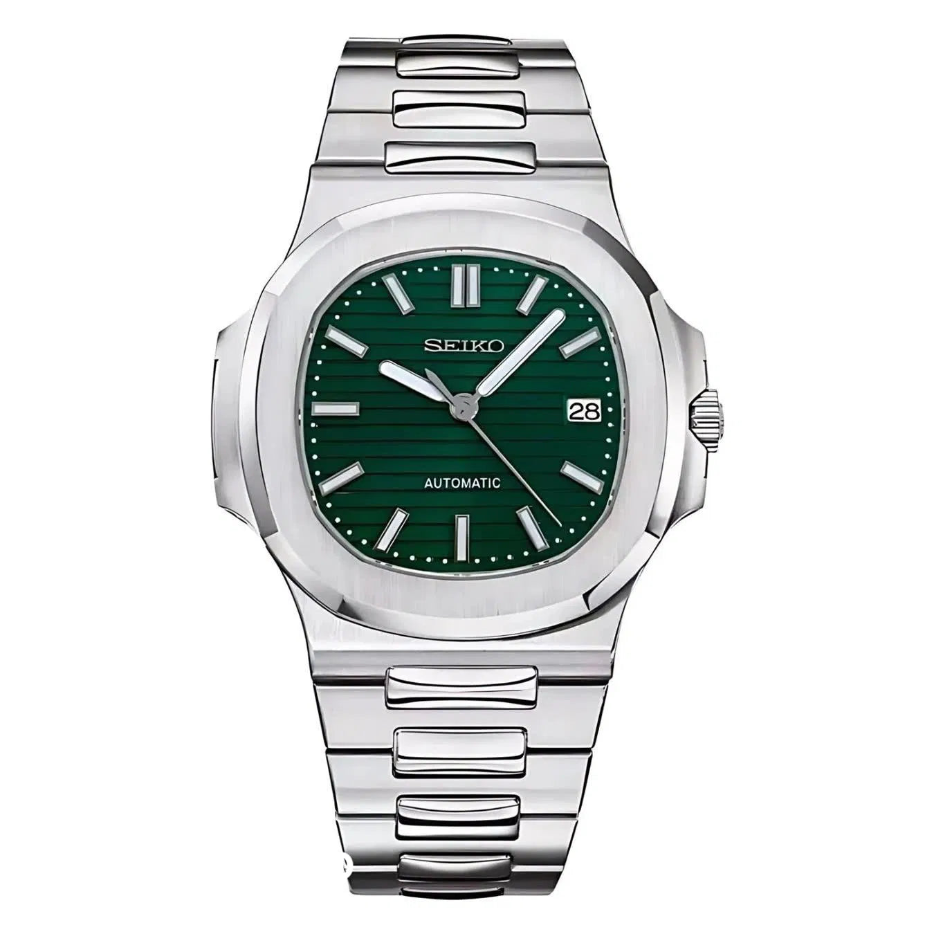 Seiko watch with green dial and silver metal bracelet on a white background
