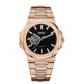Rose gold Seiko watch with black dial on a white background