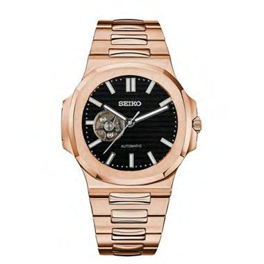 Rose gold Seiko watch with black dial on a white background