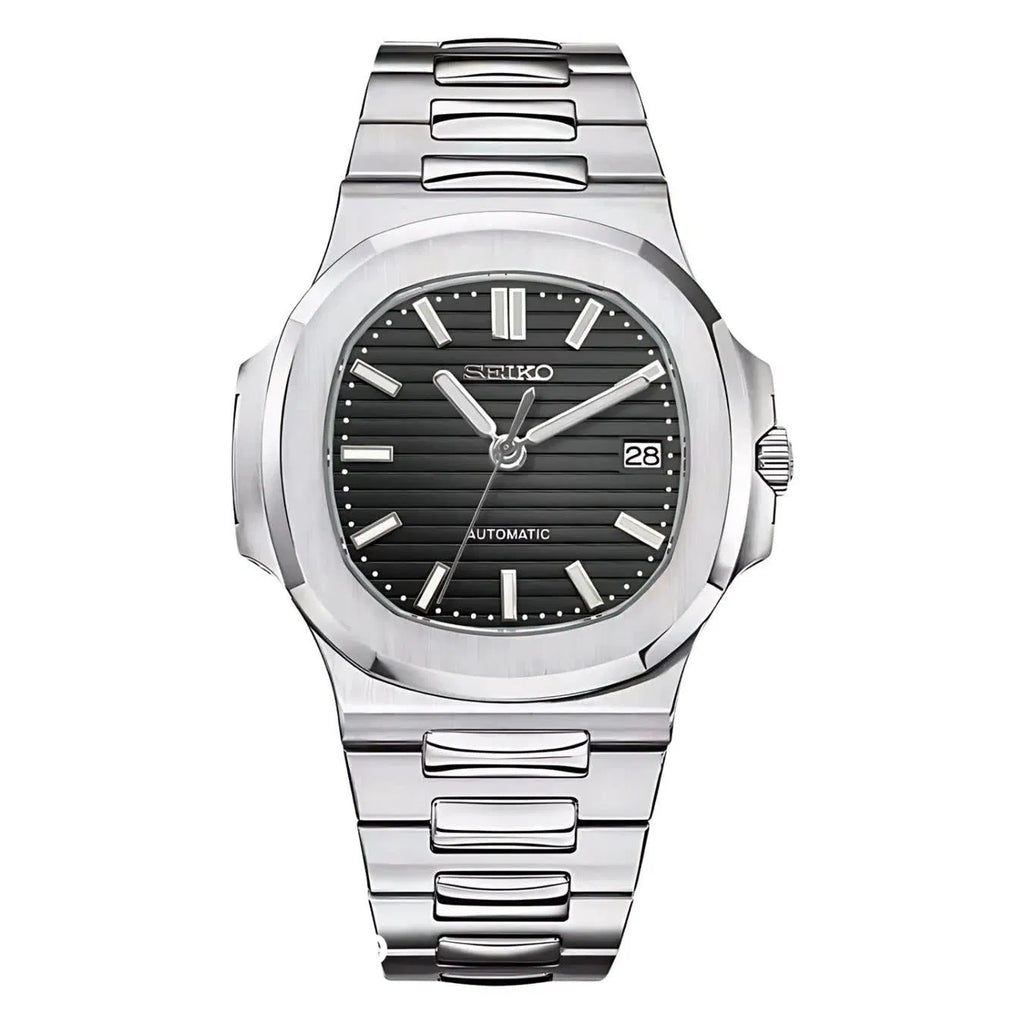 Silver Seiko watch with black dial on a white background