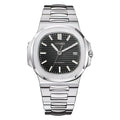 Silver Seiko watch with black dial on a white background