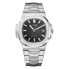 Silver Seiko watch with black dial on a white background