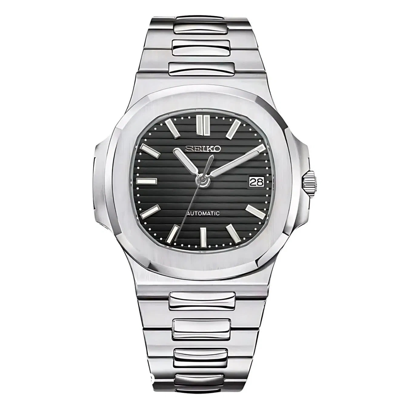 Silver Seiko watch with black dial on a white background