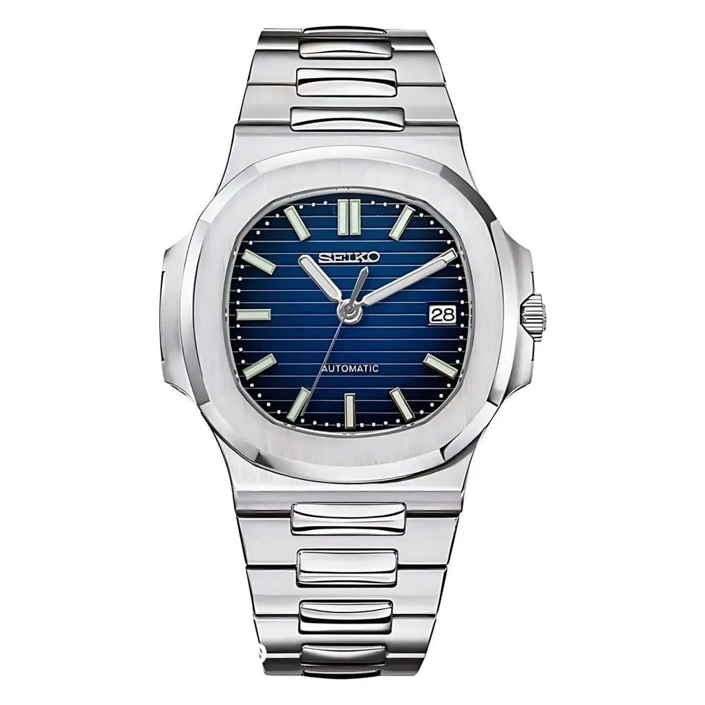 Silver Seiko watch with blue dial on a white background