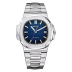 Silver Seiko watch with blue dial on a white background