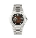Silver watch with a brown face on a white background