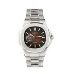 Silver watch with a brown face on a white background