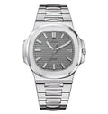 Silver watch with a gray face on a white background