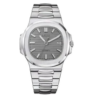 Silver watch with a gray face on a white background
