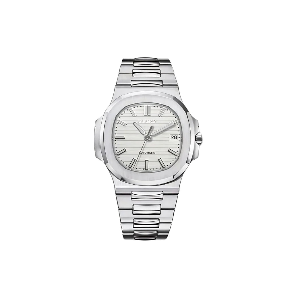 Silver watch with a white face on a white background