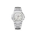 Silver watch with a white face on a white background