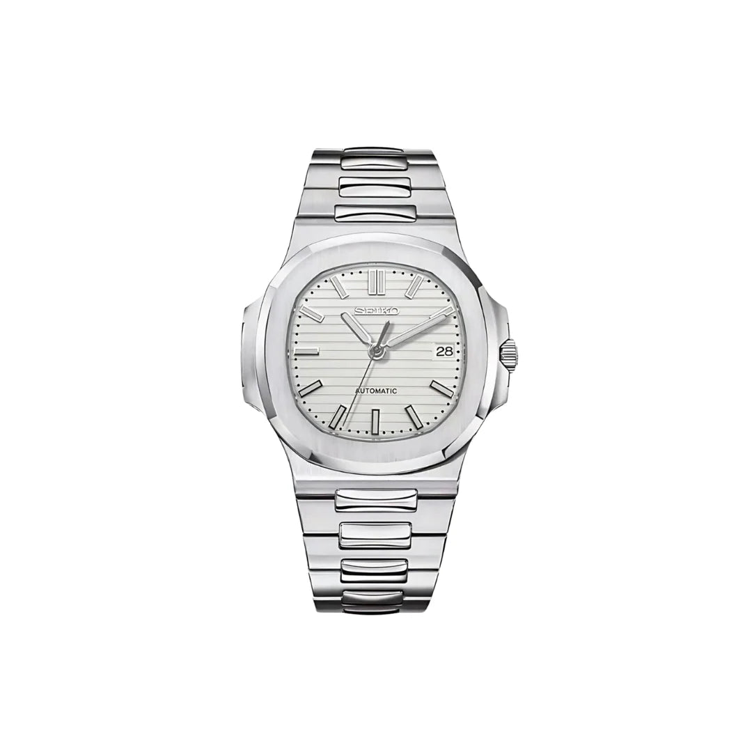 Silver watch with a white face on a white background