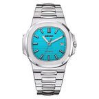Silver watch with a blue face on a white background