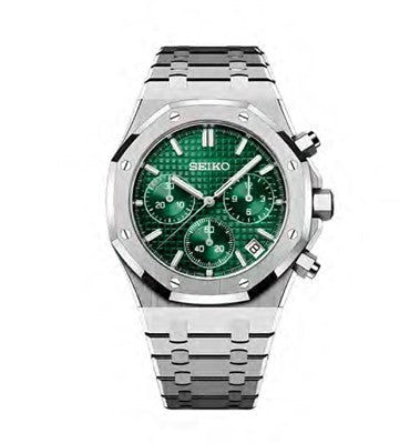 Seiko watch with green face and silver metal strap on a white background