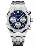 A Seiko stainless steel chronograph watch with a blue textured dial, silver subdials, and a matching steel link bracelet, shown against a plain white background.