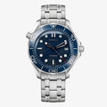 Seiko watch with blue dial and silver metal bracelet on a white background