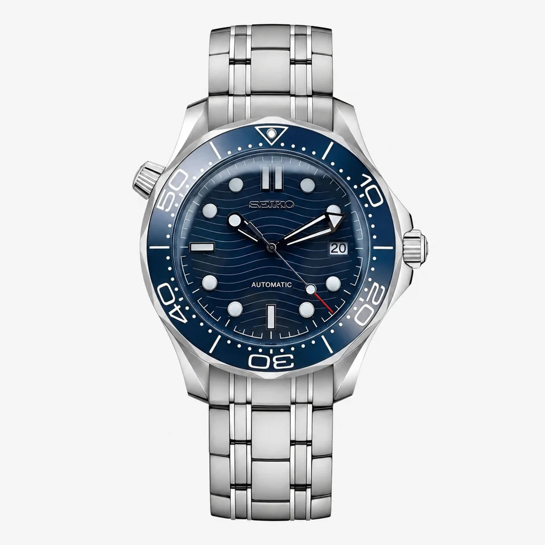 Seiko watch with blue dial and silver metal bracelet on a white background