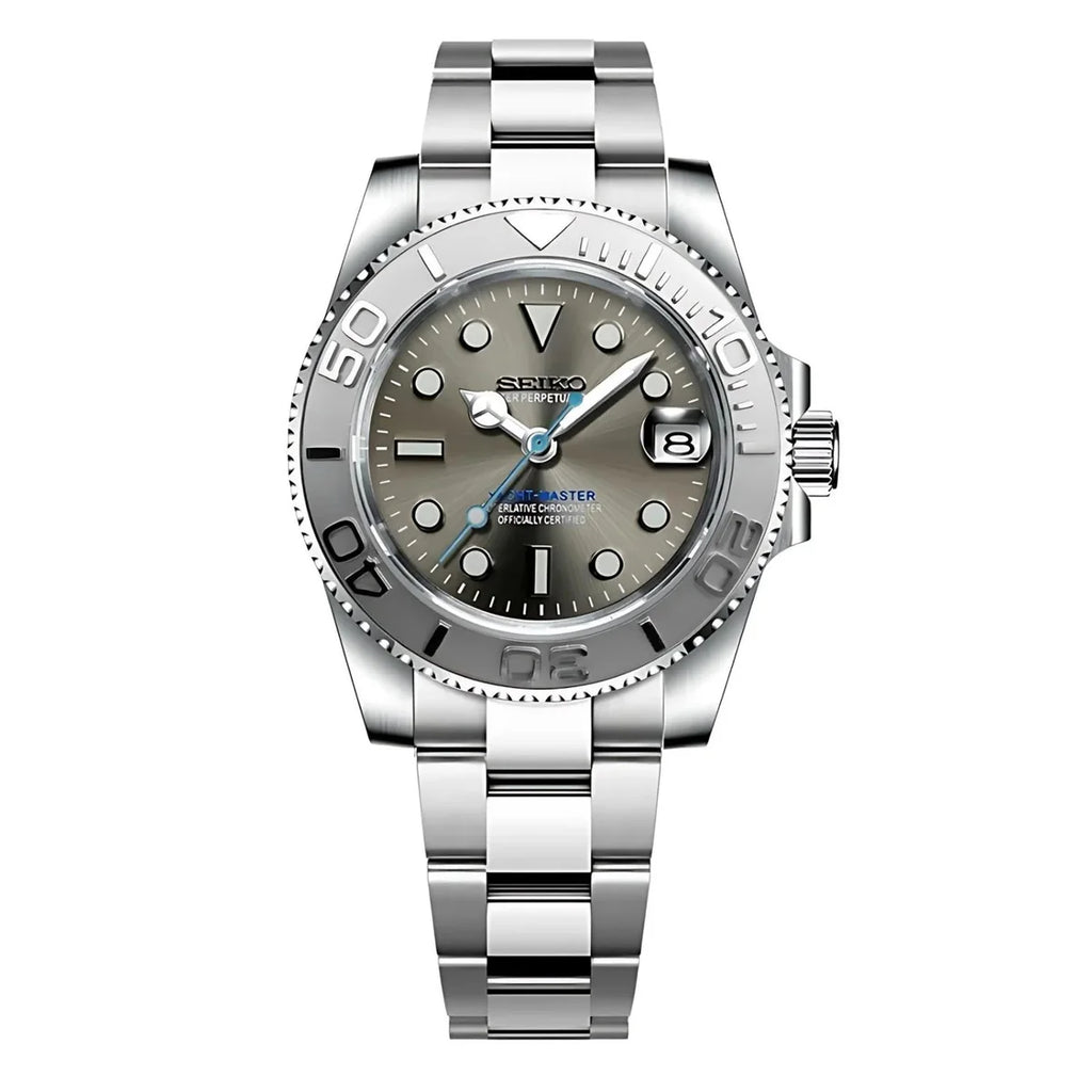 Silver Seiko watch with a detailed face on a white background