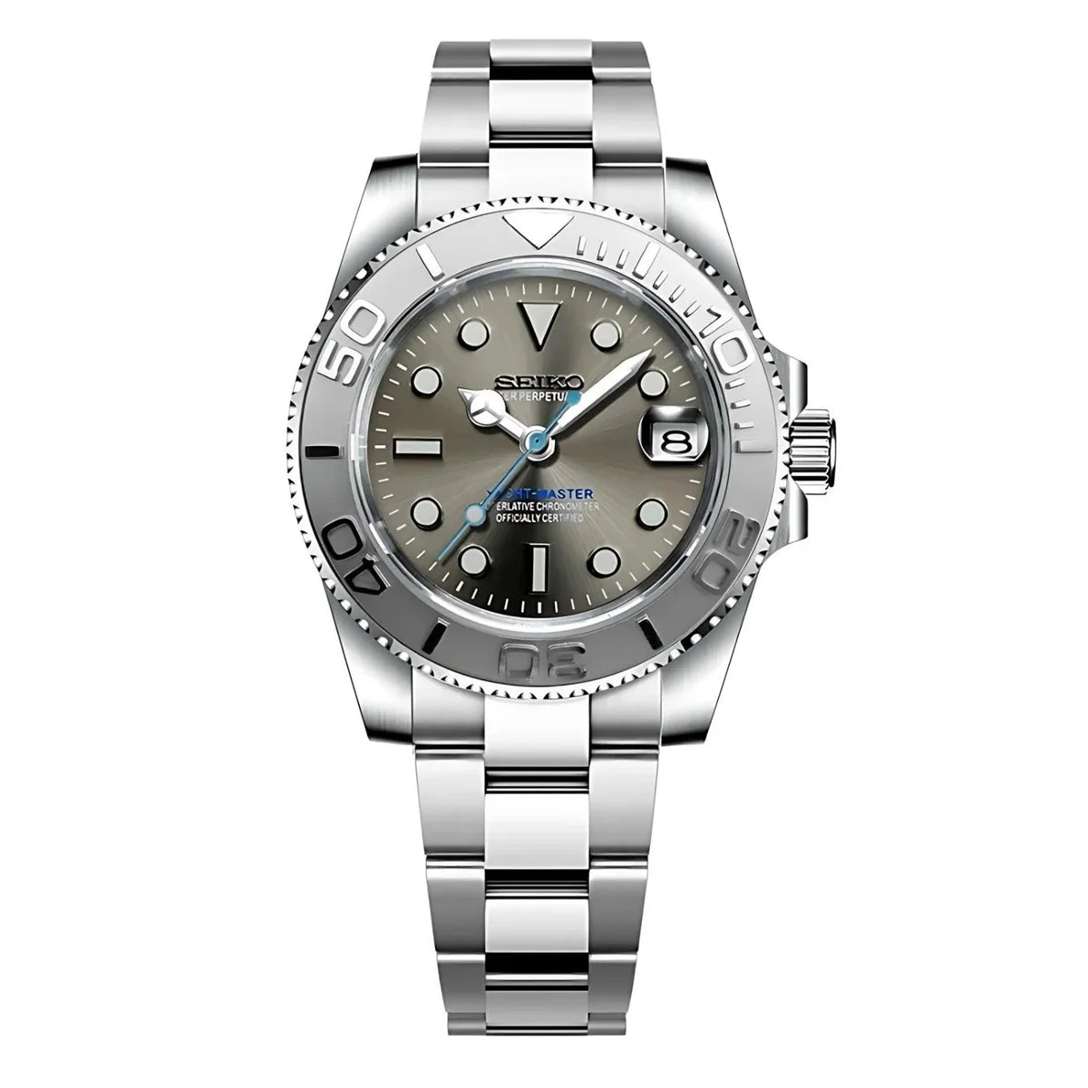 Silver Seiko watch with a detailed face on a white background