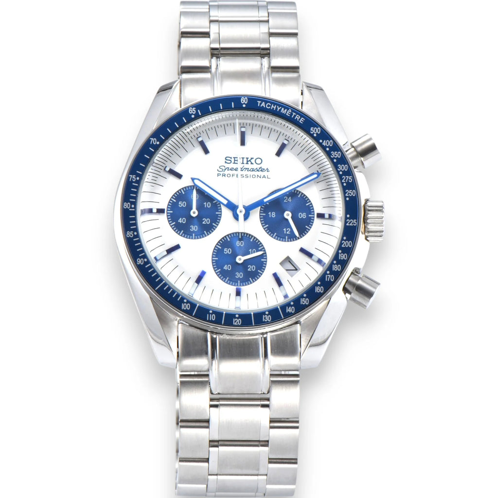 Silver Seiko watch with blue accents on a white background