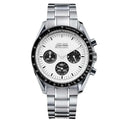 Silver watch with a white face on a white background