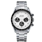 Silver watch with a white face on a white background