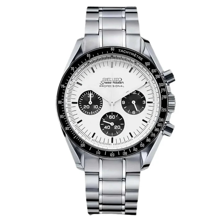 Silver watch with a white face on a white background