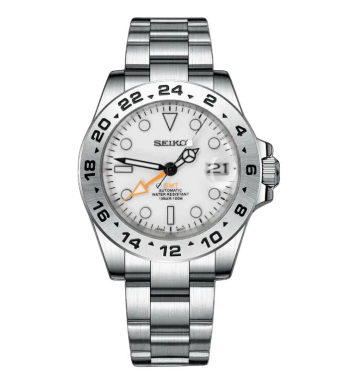 Silver Seiko watch with a white face on a white background
