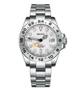 Silver Seiko watch with a white face on a white background